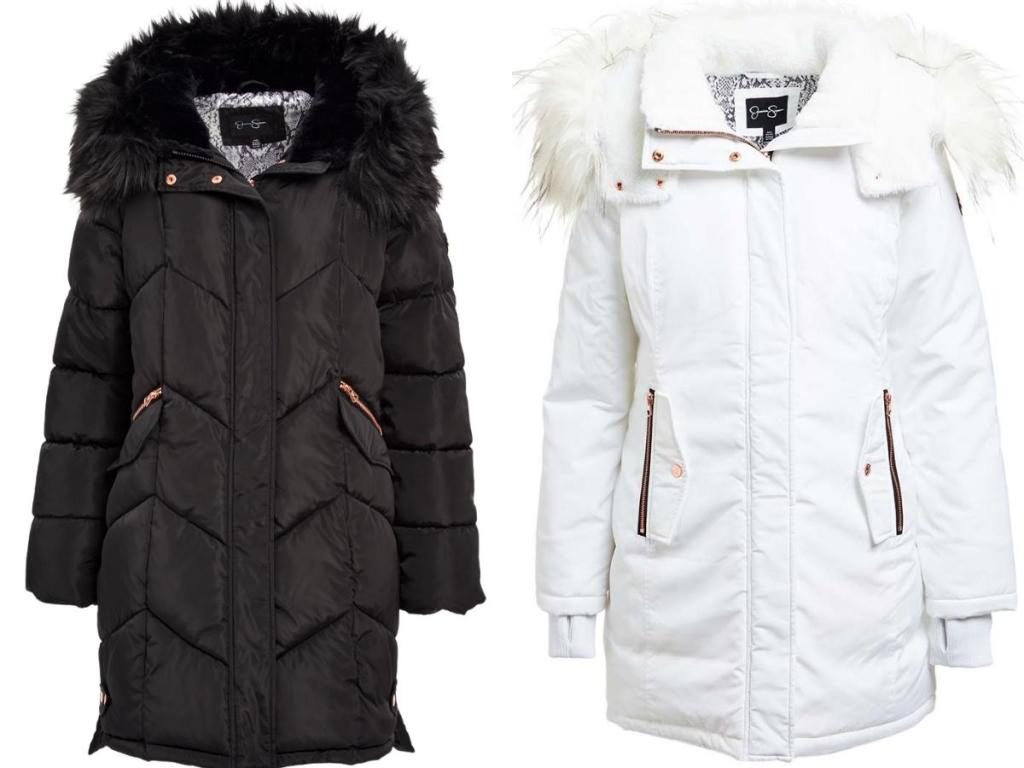 Jessica Simpson Black and White Faux-Fur Trimmed Hooded Puffer Parka