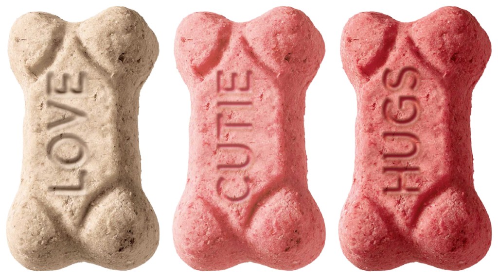three Valentine's Day themed dog treats