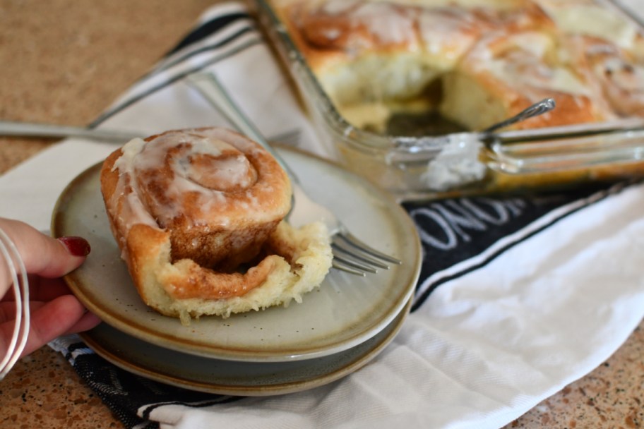 hand holding a plate with a cinnamon roll on it