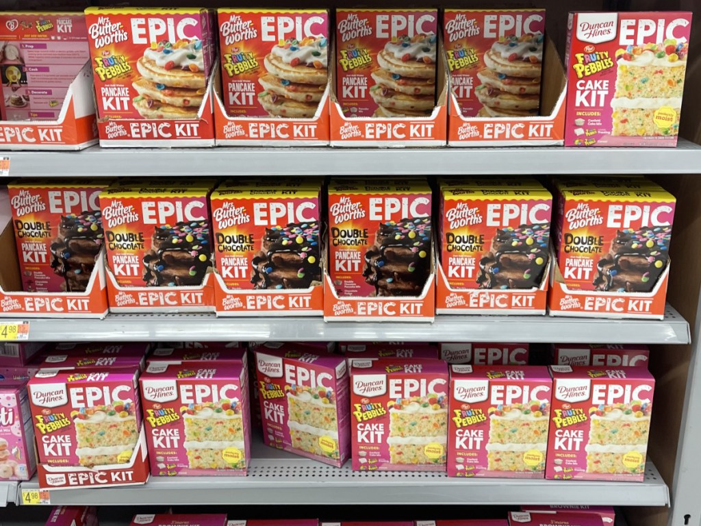 pancake mix boxes on store shelf