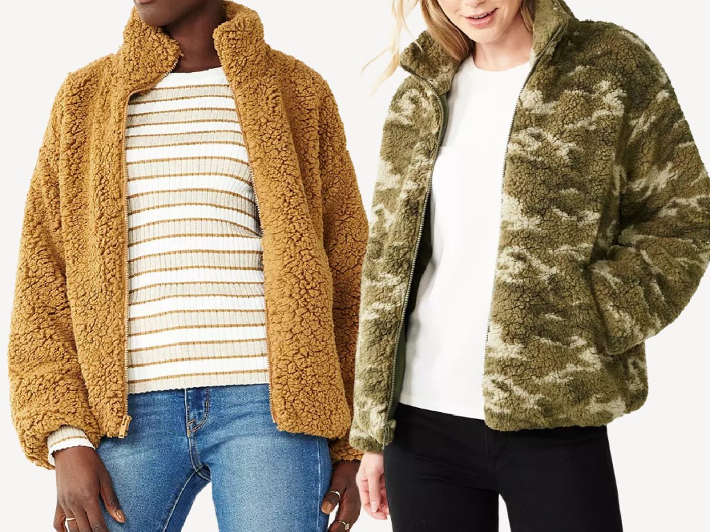 woman in tan coat and woman in camo print coat