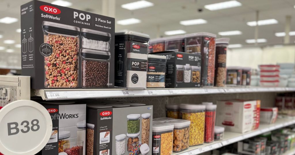 plastic food storage containers on shelf 
