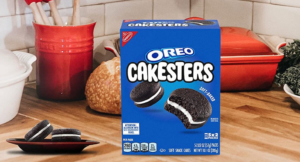 Oreo Cakesters box on kitchen counter