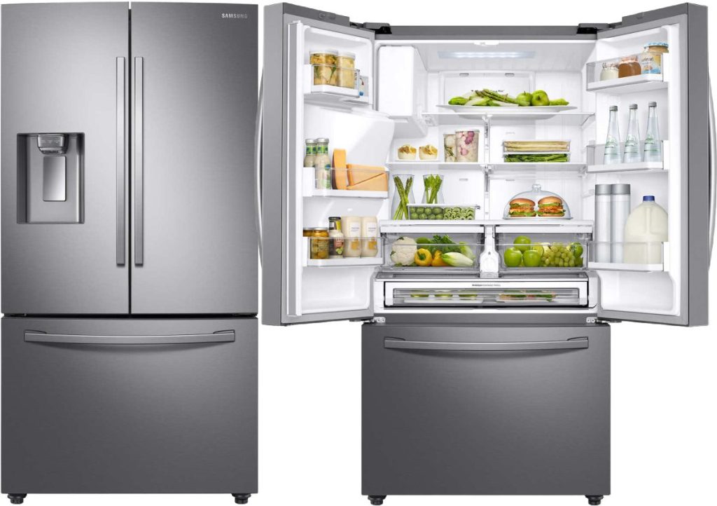 open and closed stainless steel french door fridge