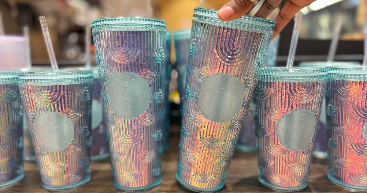 a collection of iridescent starbucks tumblers