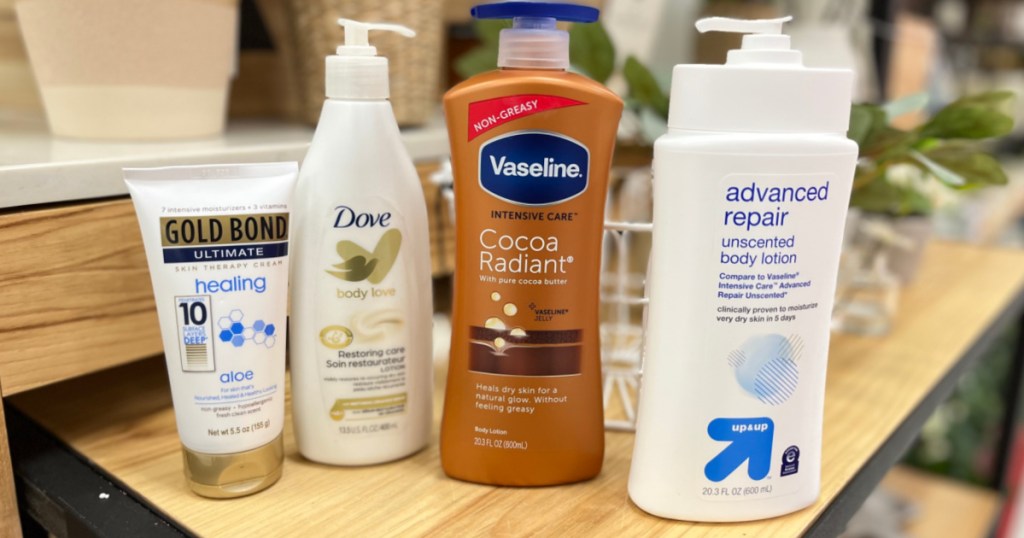 lotion on wooden shelf 