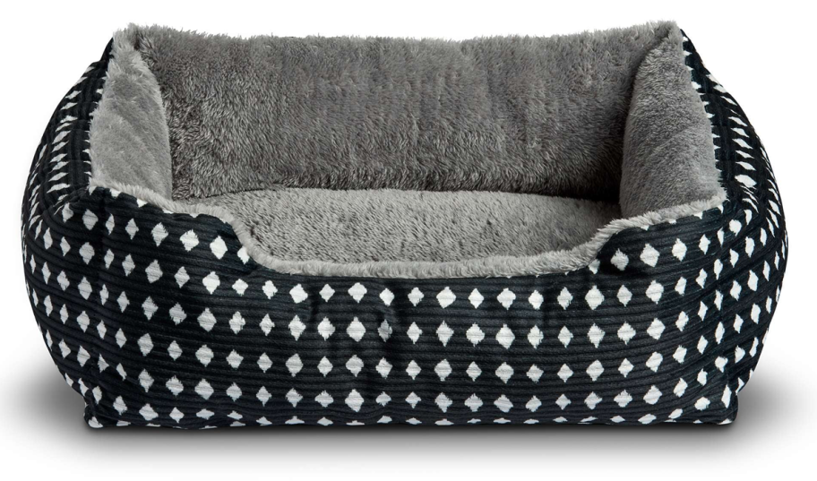 s black, white, and grey small pet bed
