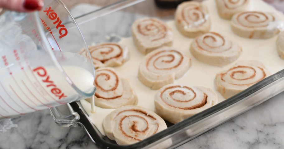 adding cream to frozen cinnamon rolls