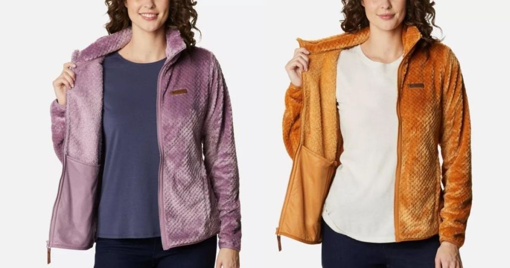 woman wearing purple fleece jacket and woman wearing gold fleece jacket