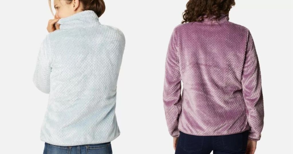 back view of women wearing blue fleece jacket and purple fleece jacket