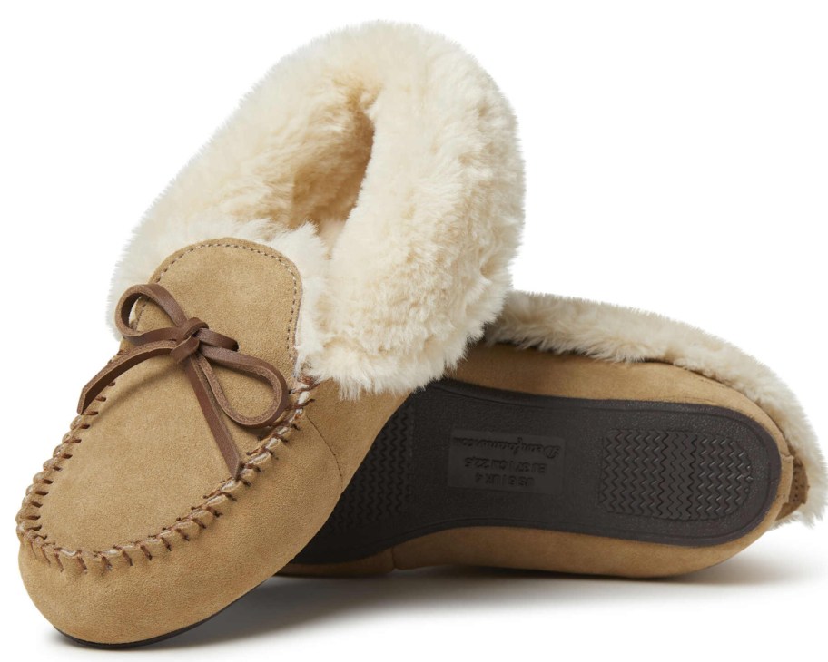 pair of tan moccasin slippers with ties