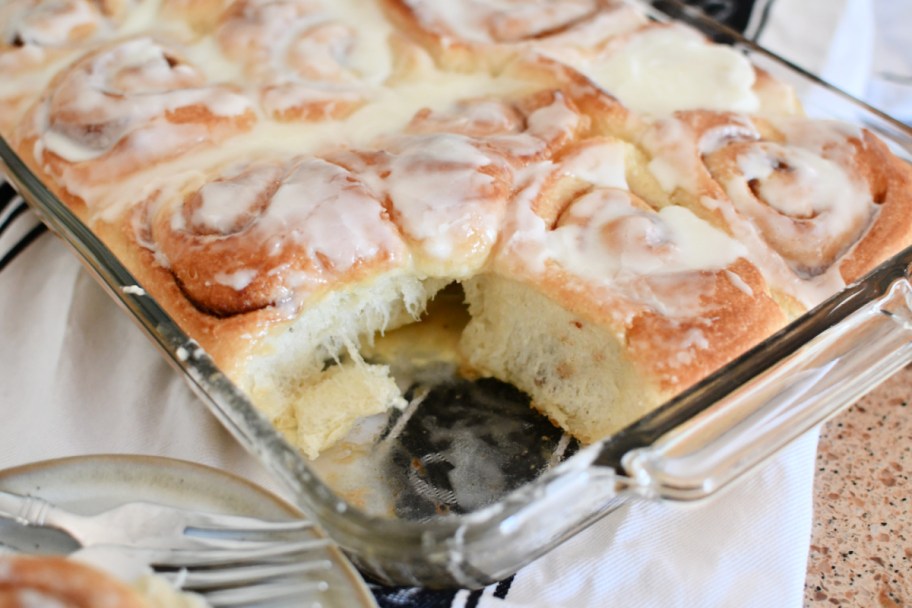 frozen rhodes cinnamon rolls on a baking sheet pan