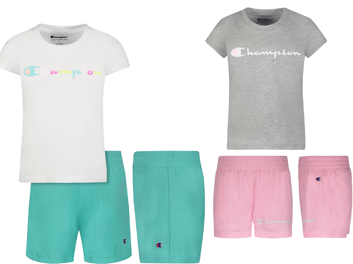 2 sets of girls shorts and shirts in pink and teal