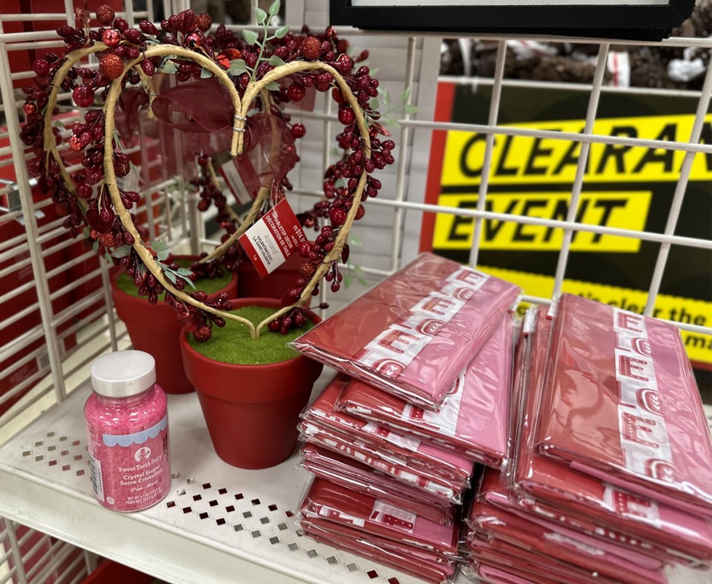 heart shaped tabletop decor and stacks of tissue paper