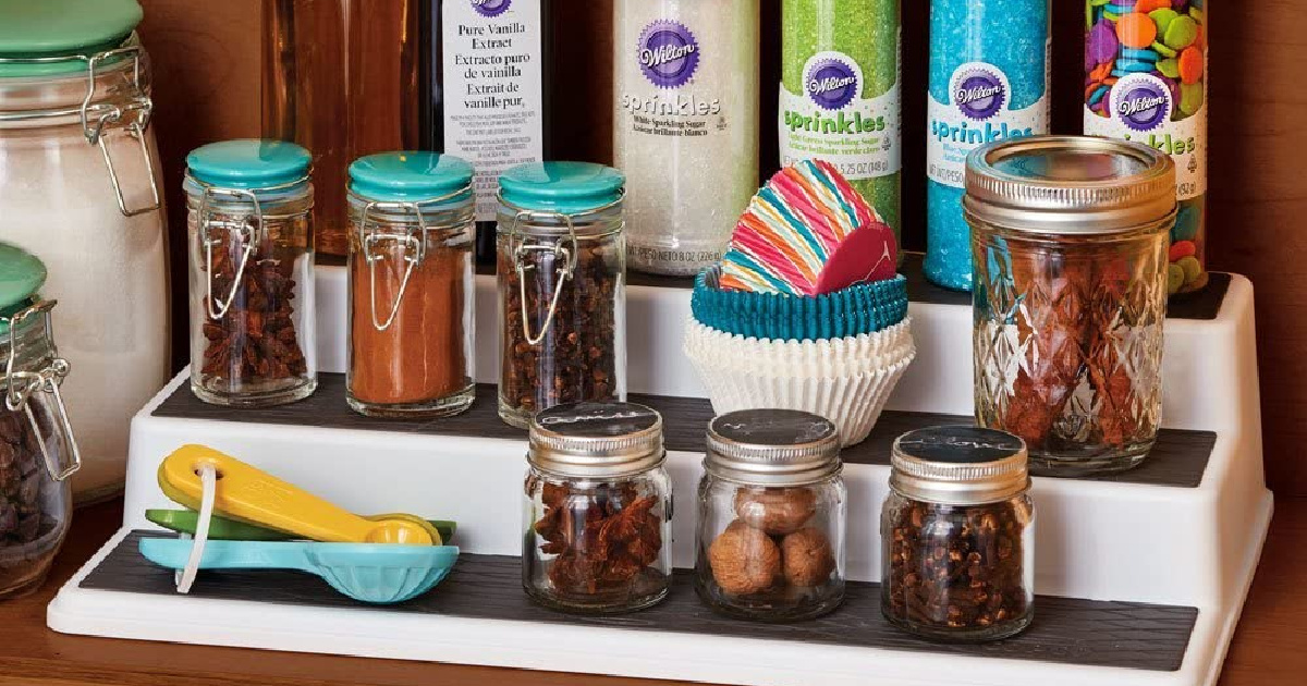 spices and baking essentials on 3-tier organizer