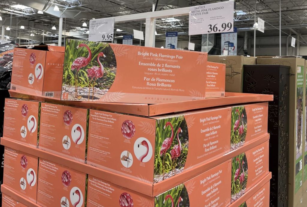 display of metal flamingo boxes at Costco