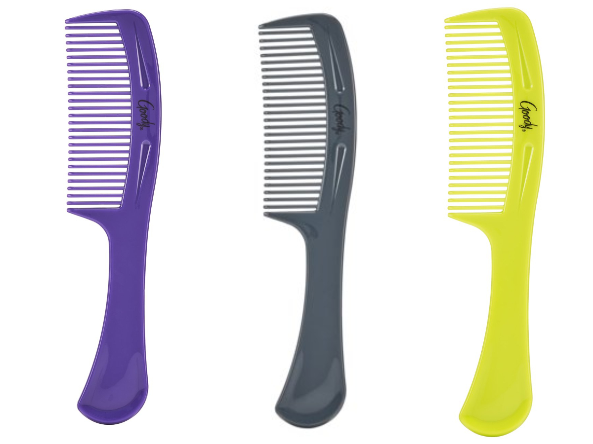 three Goody Combs in a variety of colors - purple, black, and yellow