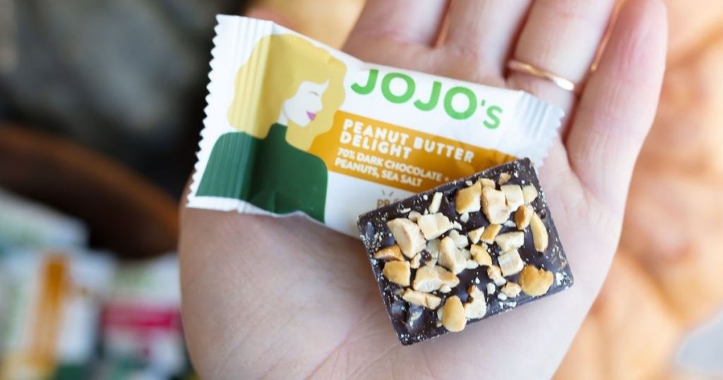 hand holding JOJO's Dark Chocolate Bites