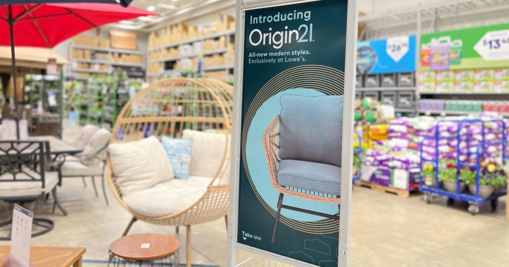 outdoor furniture displayed inside Lowe's store