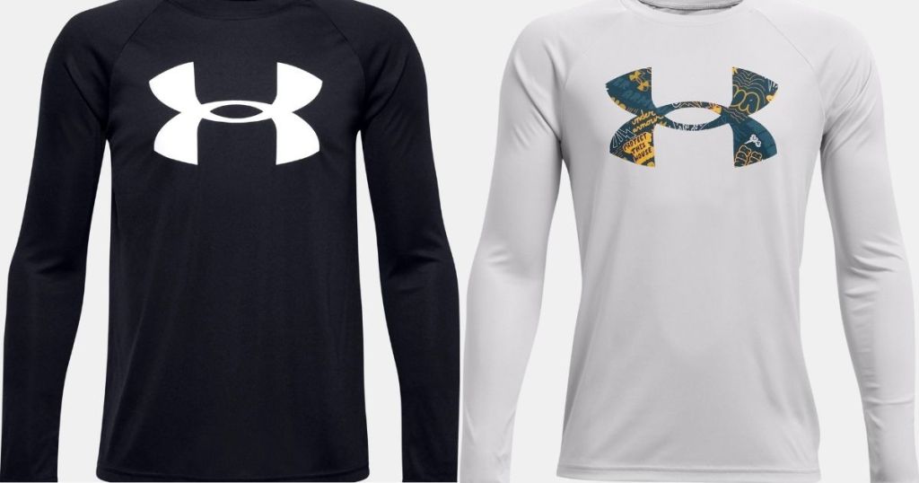 boys under armour black logo long sleeve tee and white with green logo long sleeve tee