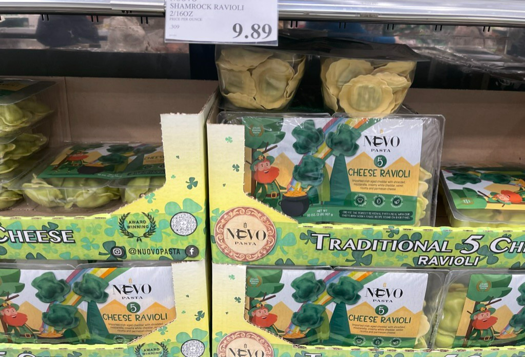 packs of shamrock raviolis on display at costco