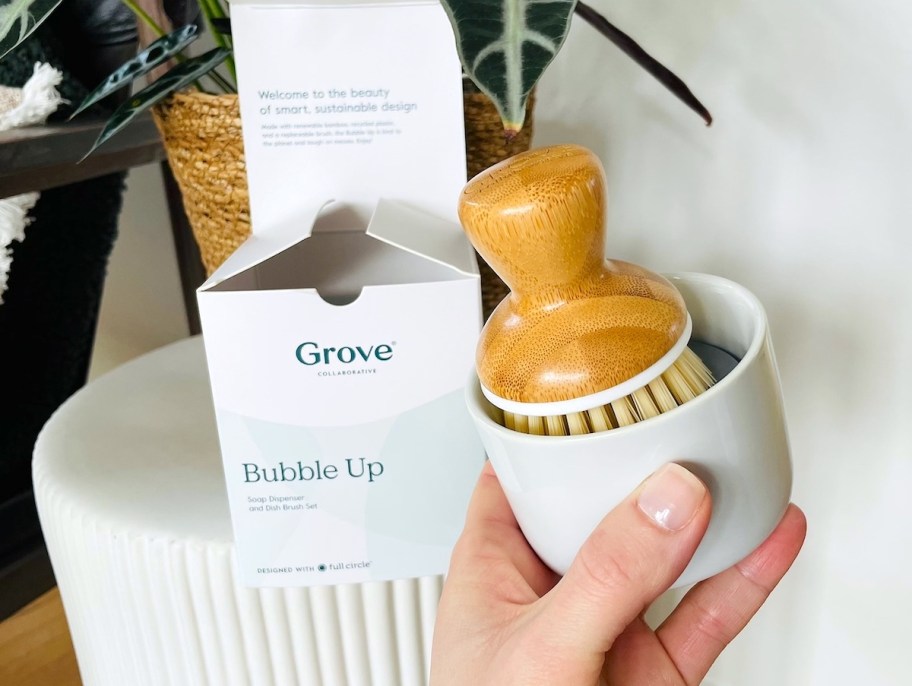 hand holding a wooden dish brush and glass container