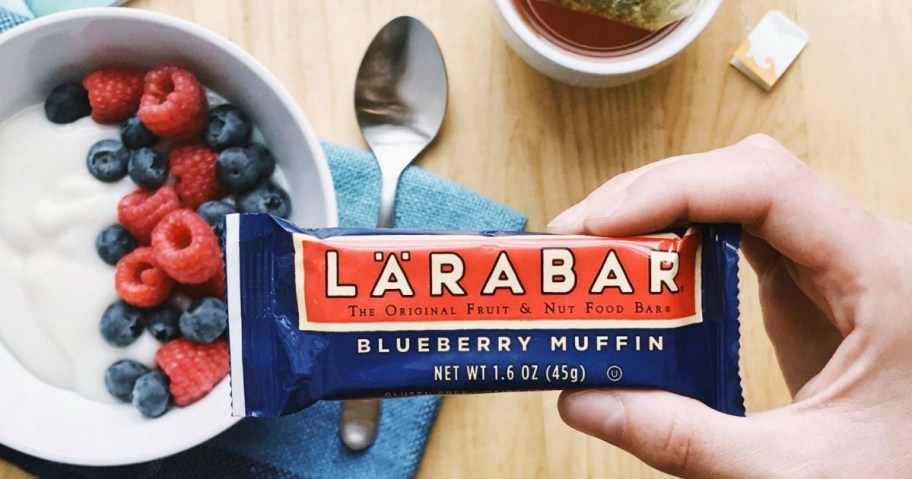 hand holding a Blueberry Muffin Larabar