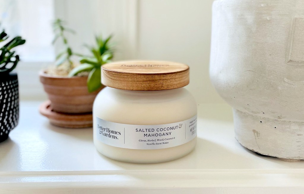 white jar candle sitting on shelf next to potted plants