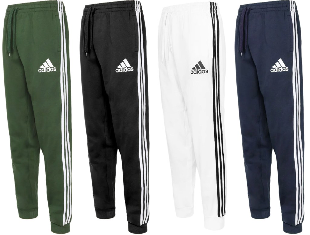 green, black, white, and navy blue pairs of adidas joggers