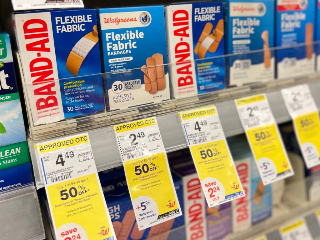 boxes of band-aid bandages on store shelf