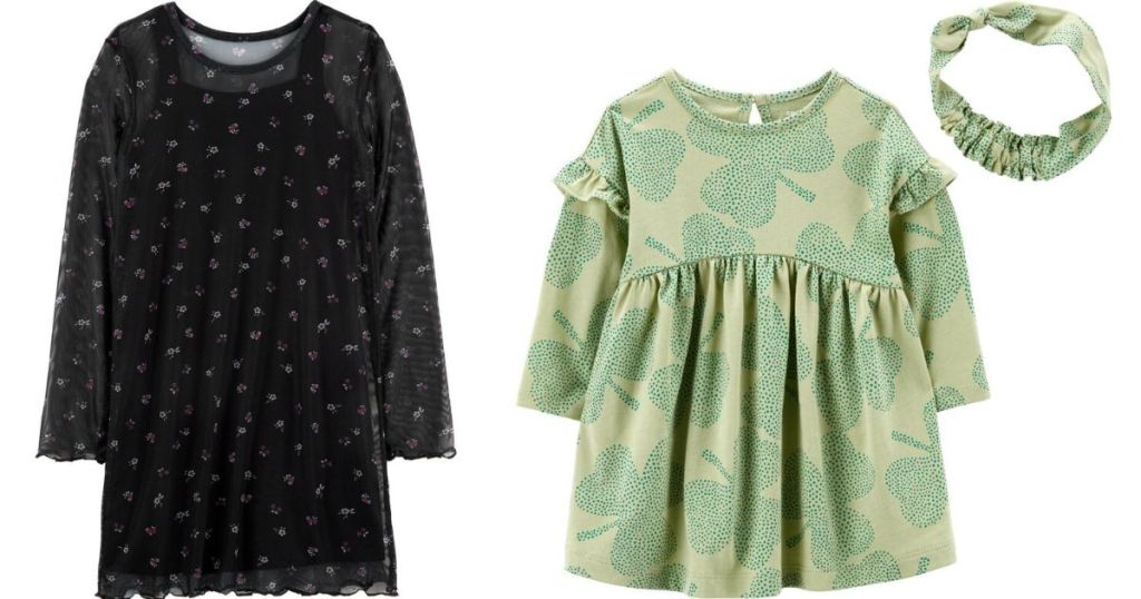 A black dress with a floral design on it and a green dress with shamrocks on it