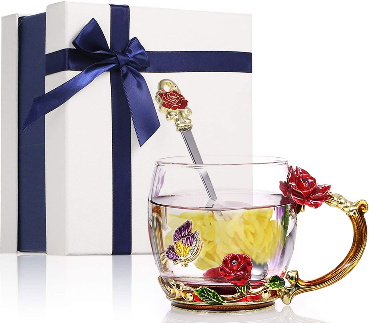 flower teacup in front of gift box