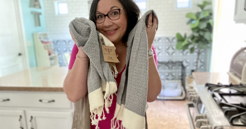 Lina holding Turkish Hand Towels