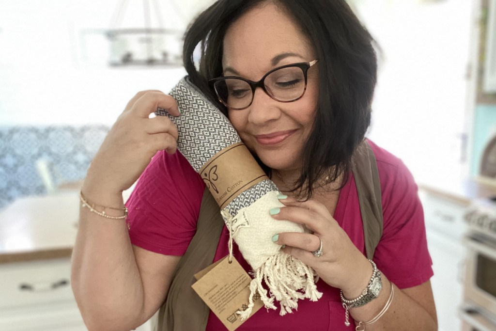 Lina holding Turkish Towel