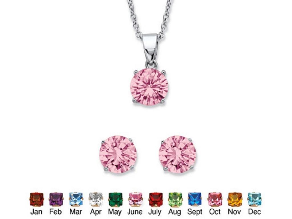 Round Simulated Birthstone Solitaire Earring and Necklace Set in Platinum Over Silver