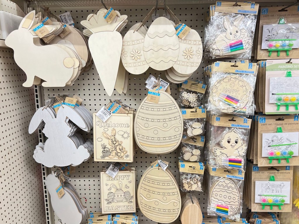 Assorted easter decor on shelf at dollar tree