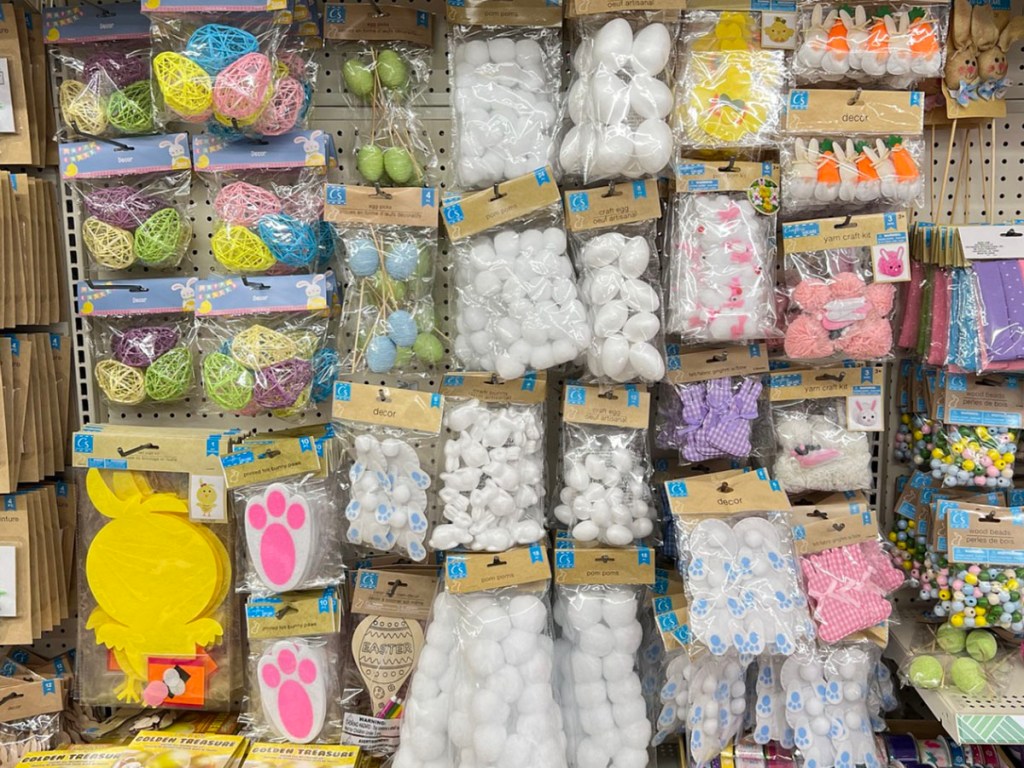 Assorted easter decor on shelf at dollar tree