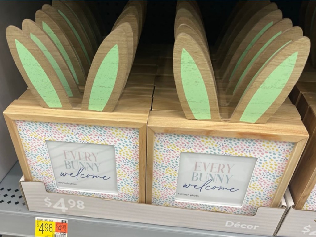 two easter bunny picture frames on shelf