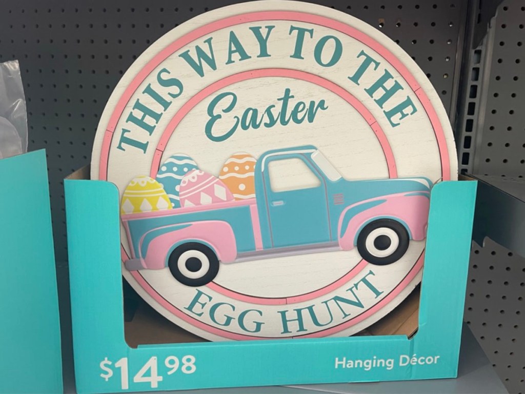 this way to the easter bunny hannging sign on shelf