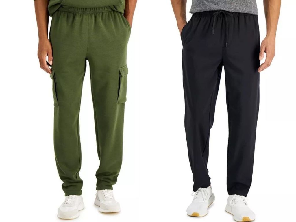 man wearing green sweats and man wearing blue pants