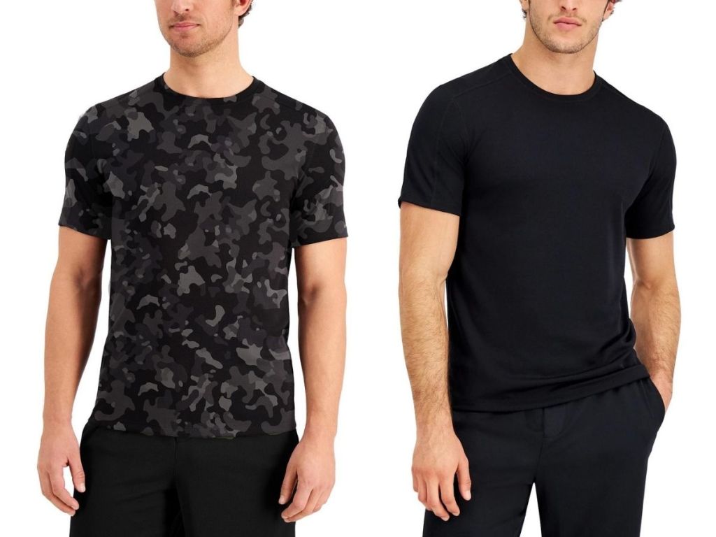 man wearing black and gray camo tee and man wearing black tee