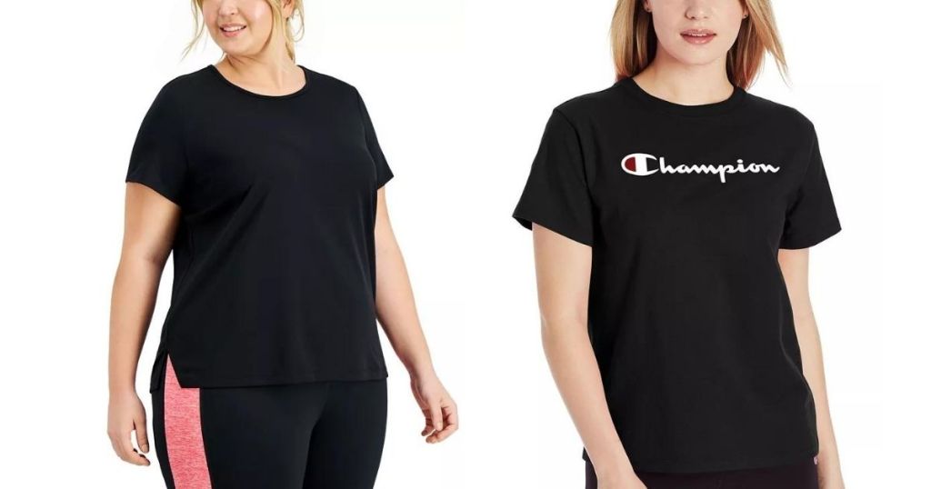 woman wearing black tee and woman wearing Champion graphic tee