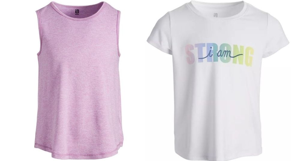 girls purple tank and girls white graphic tee