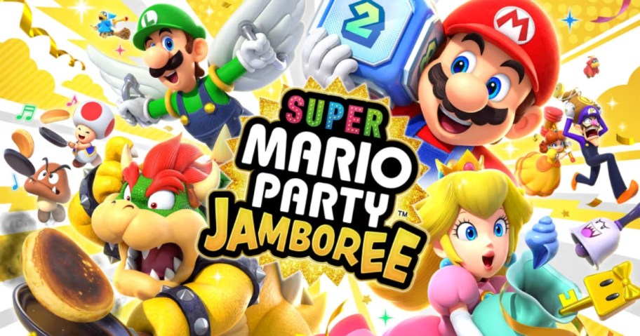 image of the cover of a Super Mario Party Jamboree game with Mario, Luigi, Bowser, Princess Peach and various items from the game