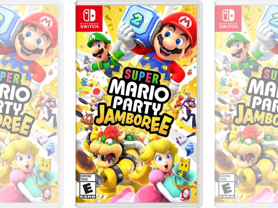 image of a game case of a Super Mario Party Jamboree game with Mario, Luigi, Bowser, Princess Peach and various items from the game