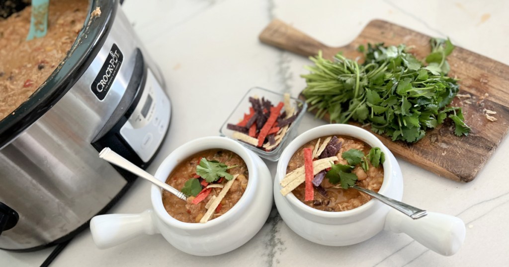 tortilla soup on the counter with crock-pot