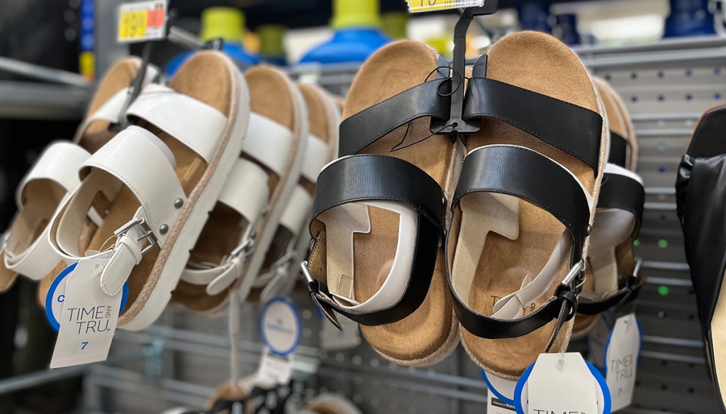 walmart time and tru sandals on display at walmart