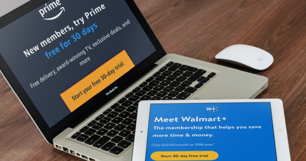 walmart plus vs amazon prime comparison on two computers