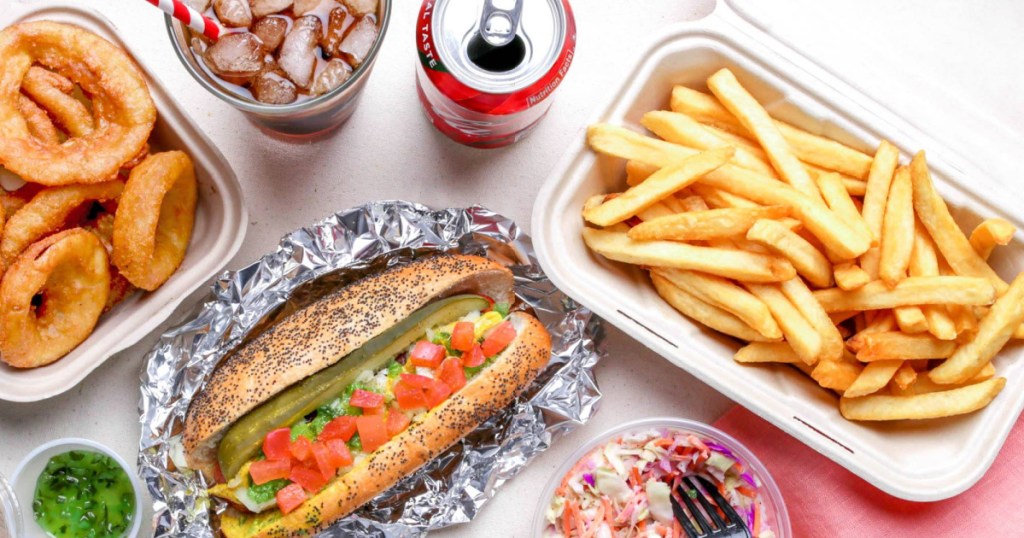 large spread of fast food on table top