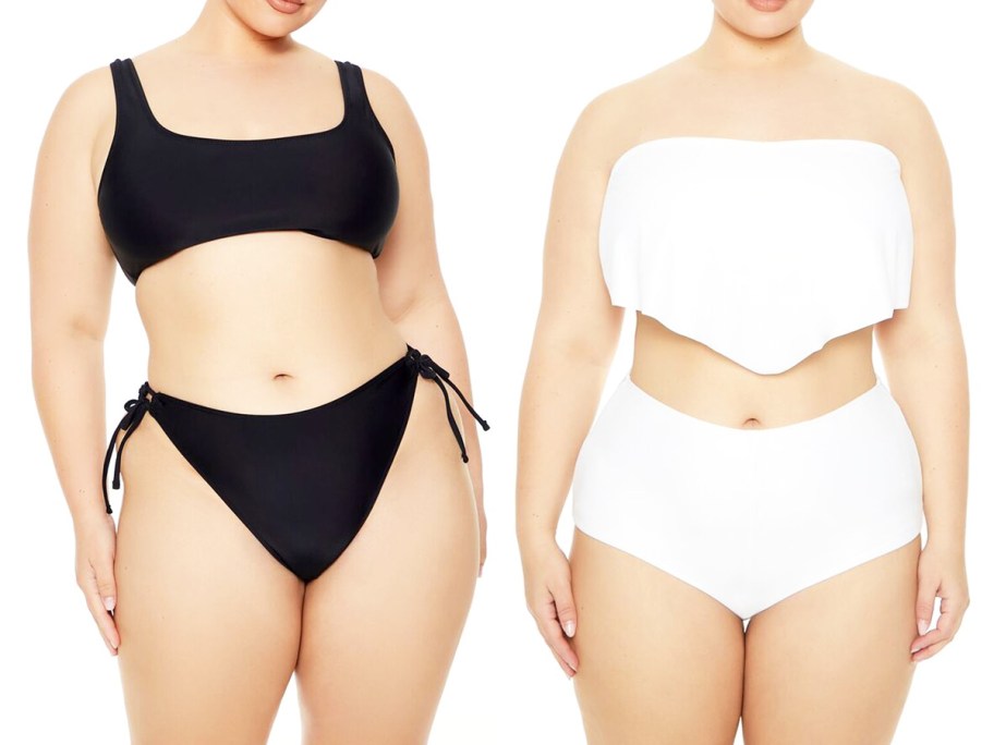 two women in black and white bathing suits
